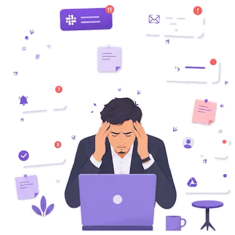 A founder overwhelmed by notifications from a dozen disconnected tools