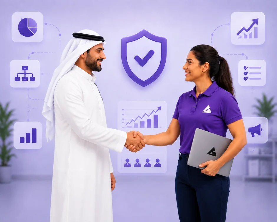 A Sanematics partner shaking hands with a client, with a shield of trust and growth charts