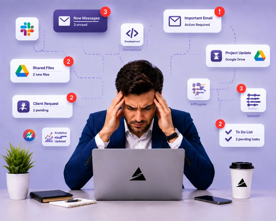 A founder overwhelmed by notifications from a dozen disconnected tools