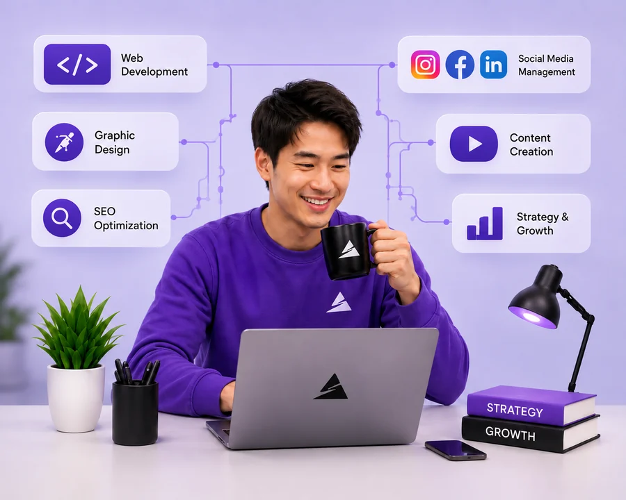 One person at a laptop with six connected capability chips around them: web development, graphic design, SEO optimization, social media management, content creation, and strategy and growth.