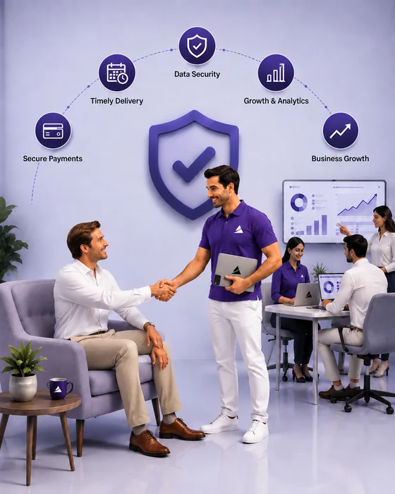 A Sanematics partner shaking hands with a client, backed by a security shield and icons for secure payments, timely delivery, data security, growth and analytics, and business growth