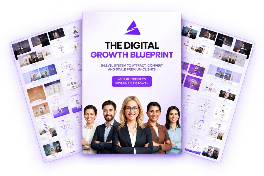 The Digital Growth Blueprint guide: a five-level system to attract, convert and scale premium clients, shown with its inner pages fanned behind the cover.