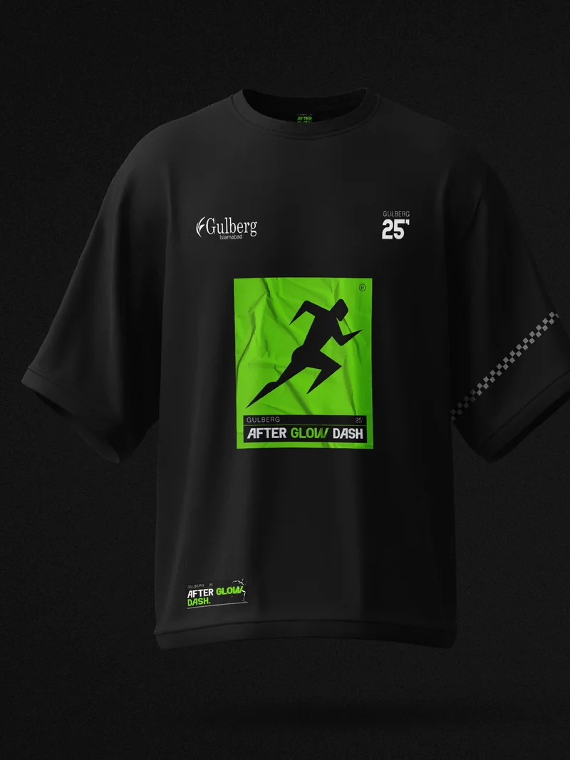 The AfterGlow Dash race t-shirt, a neon green runner panel and chequer strip on black
