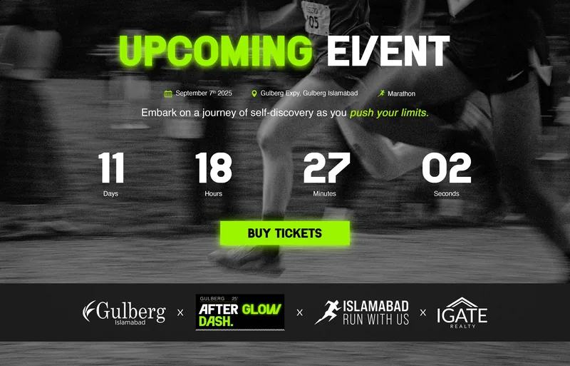 The countdown hero in detail: date, venue and race type in one line above a four-part countdown