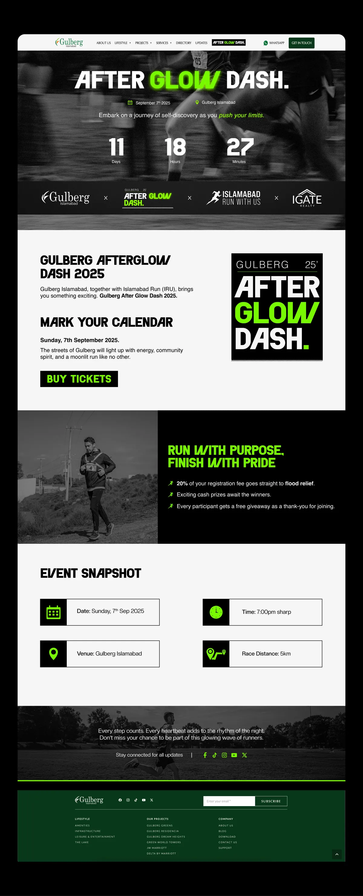 The full AfterGlow Dash landing page: countdown hero, partner strip, event story, a run with purpose section, an event snapshot grid and the Gulberg footer