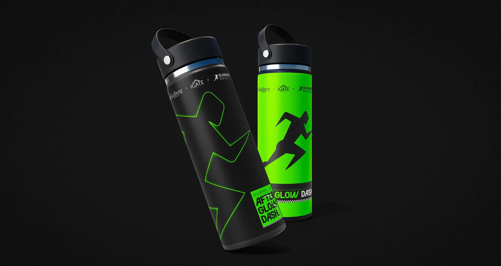 Two insulated water bottles, one black with an outlined runner and one neon green with the solid silhouette