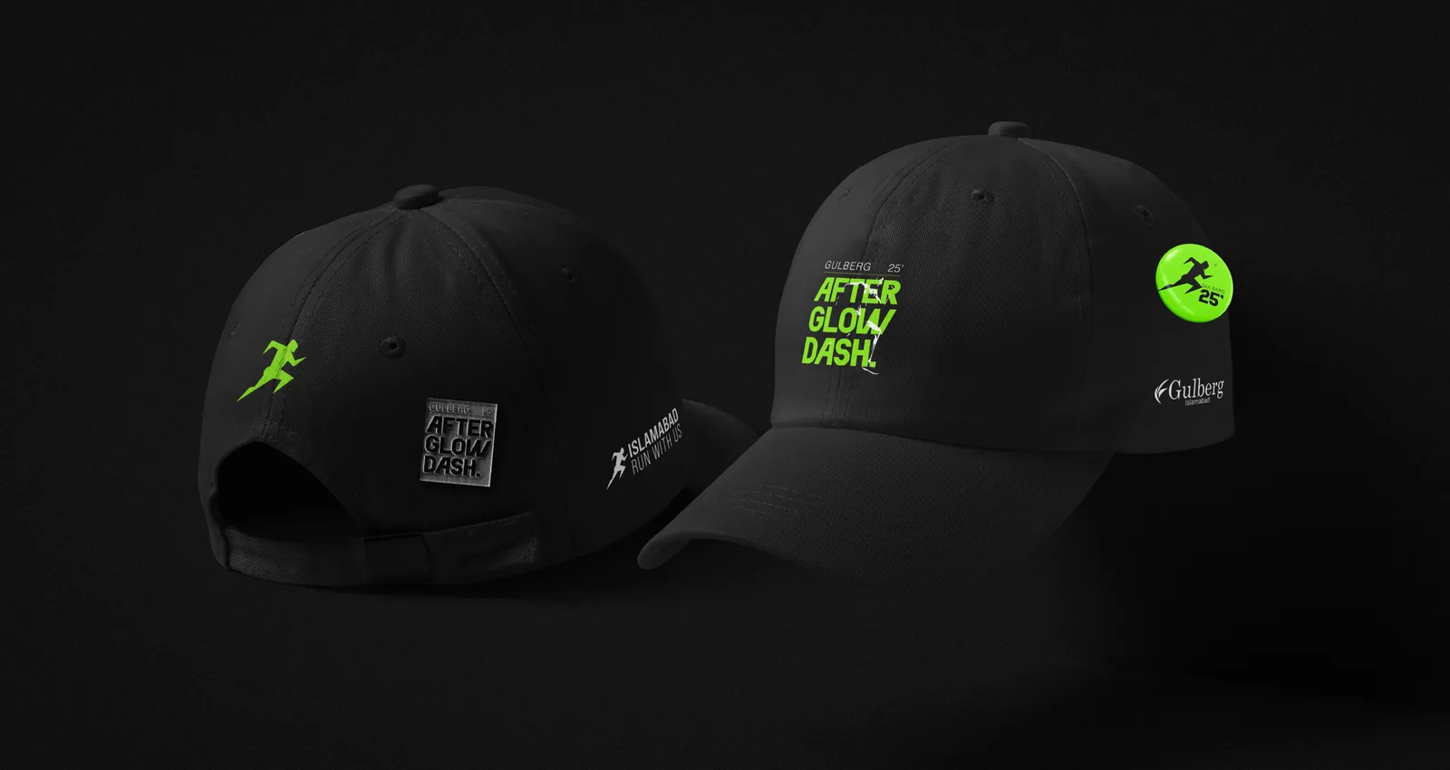 Black caps with the AfterGlow Dash lockup, a neon runner on the back and a partner badge on the side