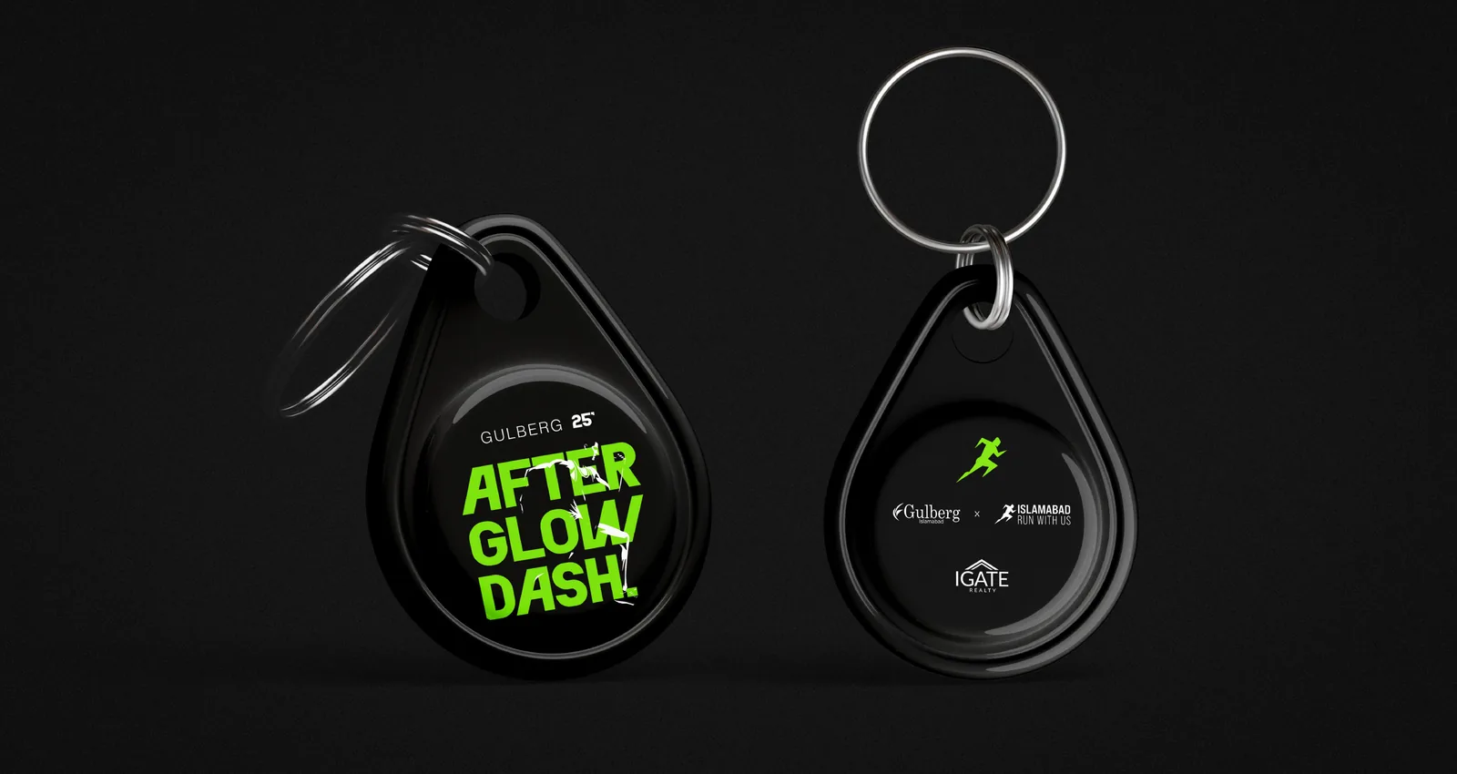 Two-sided keychain: the stacked AfterGlow Dash wordmark on one face, the three partner logos on the other