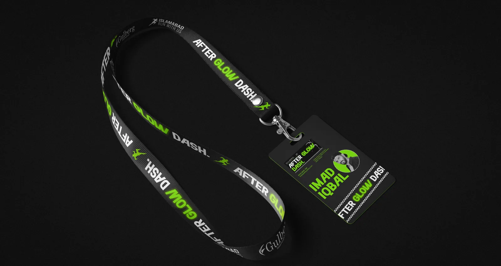 Printed lanyard and personalised accreditation card with a portrait, the AfterGlow lockup and the chequer strip
