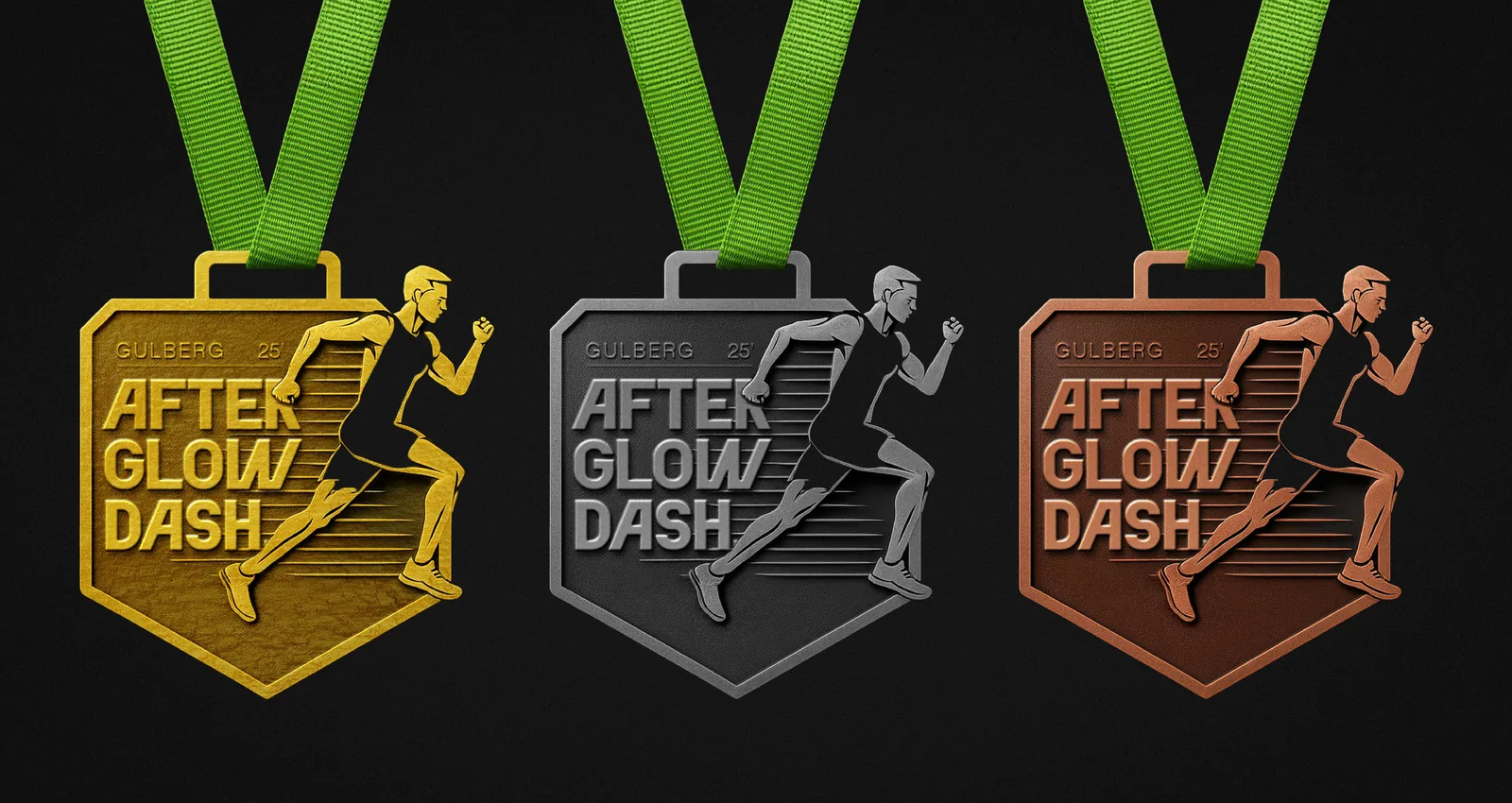 Gold, silver and bronze AfterGlow Dash medals with an embossed running figure and speed lines, on neon green ribbons