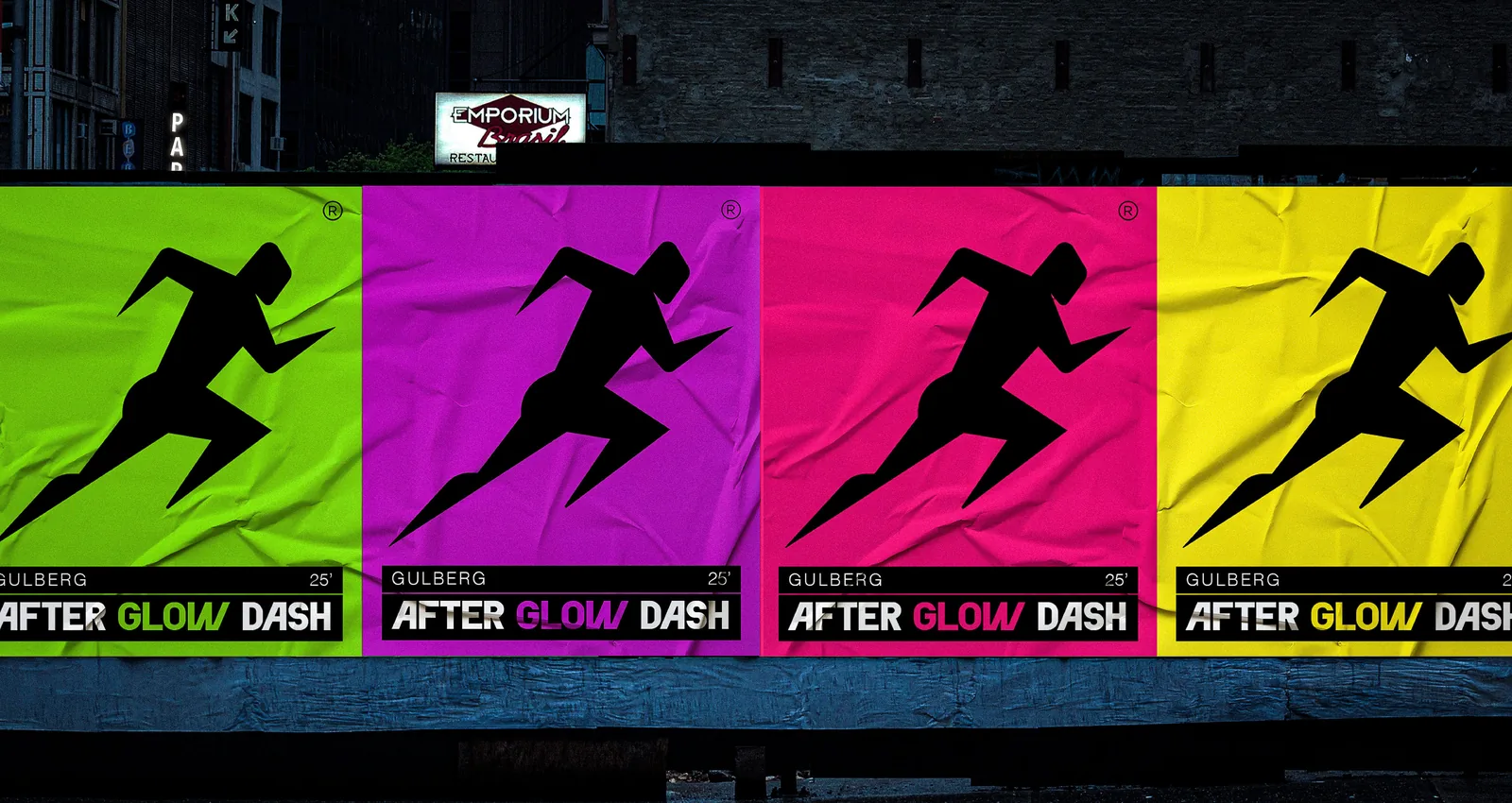 Four pasted street posters in green, magenta, pink and yellow, each with the black running silhouette and the AfterGlow Dash lockup