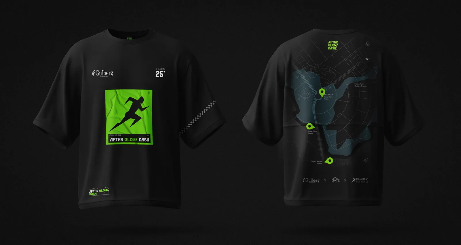 Event t-shirt, front and back: neon green silhouette panel on the chest and the printed race route map across the back