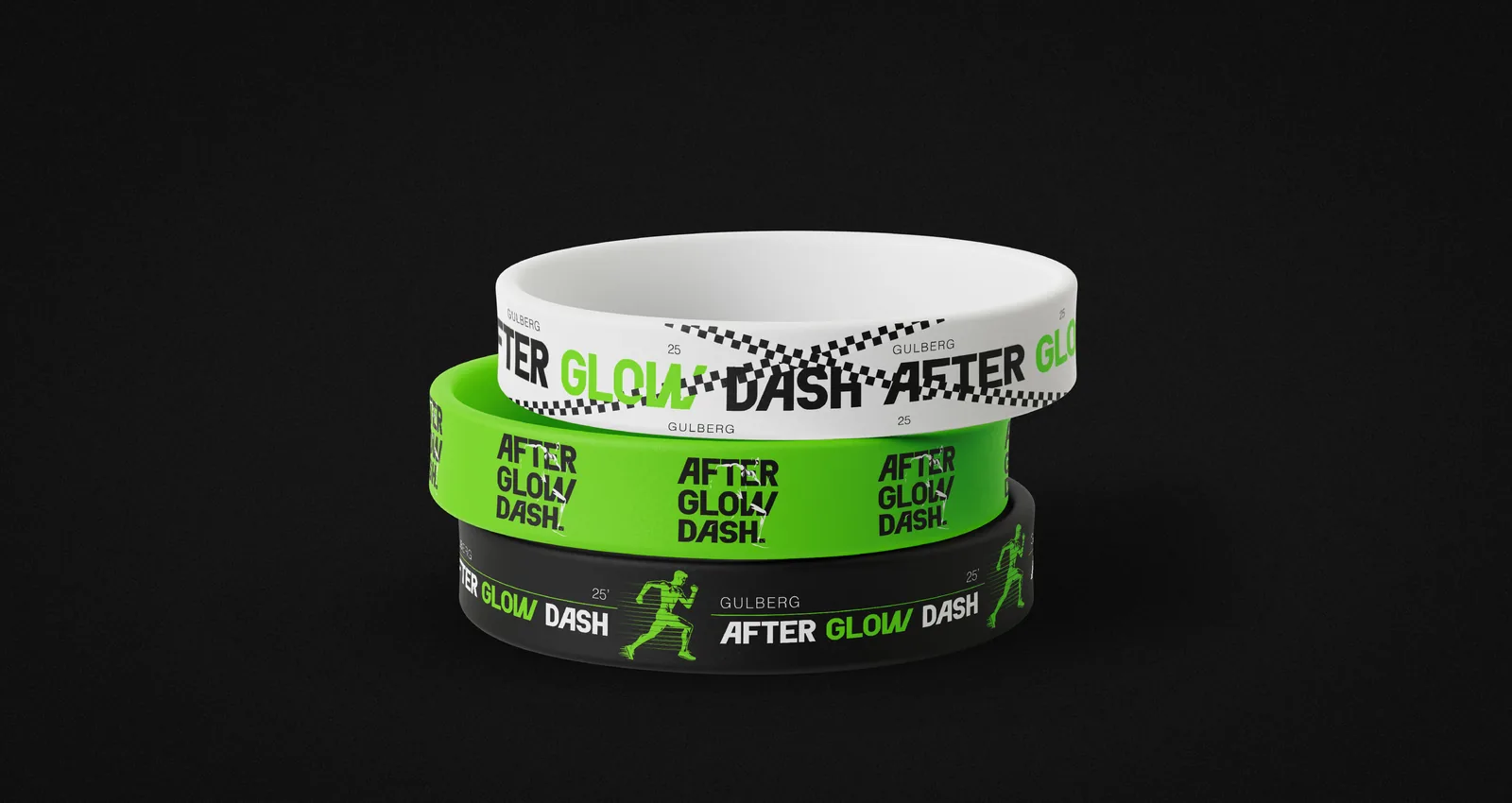 Three silicone wristbands in white, neon green and black, each carrying the repeated AfterGlow Dash wordmark