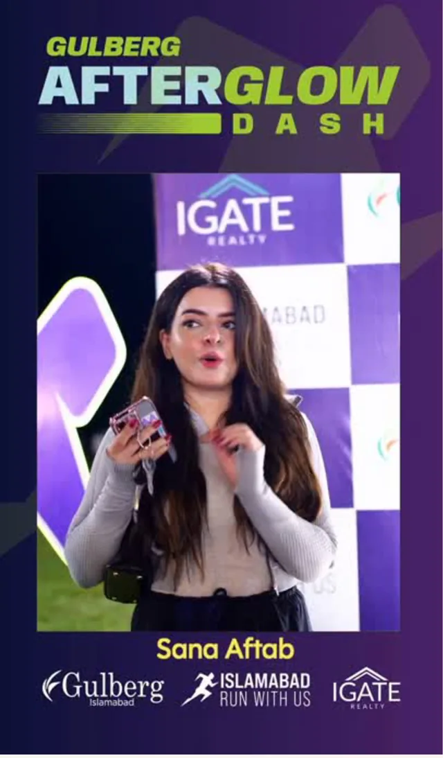 Post-event testimonial still: Sana Aftab speaking on camera in the branded interview frame
