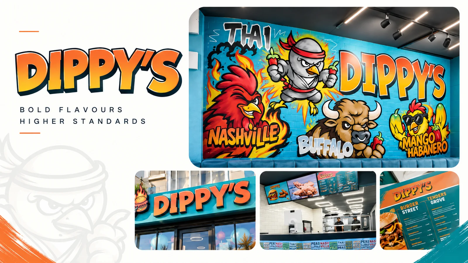 Dippy’s brand board: the wordmark, the painted wall mural, the shopfront, the counter and the menu