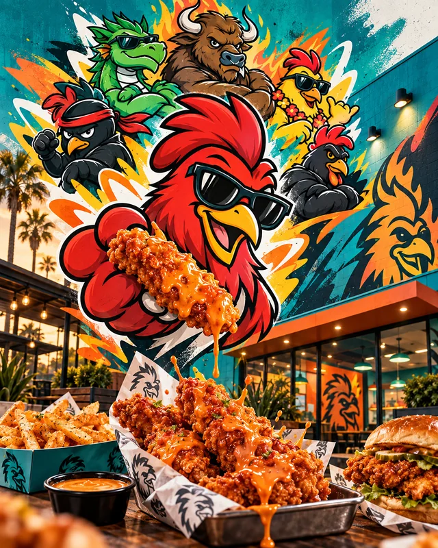 Dippy’s mascots on a street-art mural above a tray of sauced chicken tenders, fries and a chicken burger