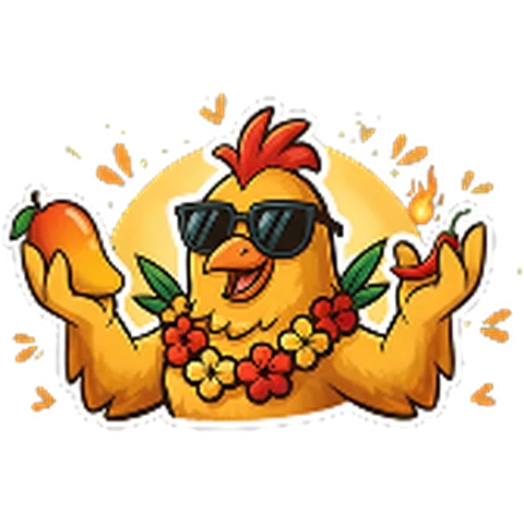 The Mango Crush chicken character in sunglasses and a flower lei