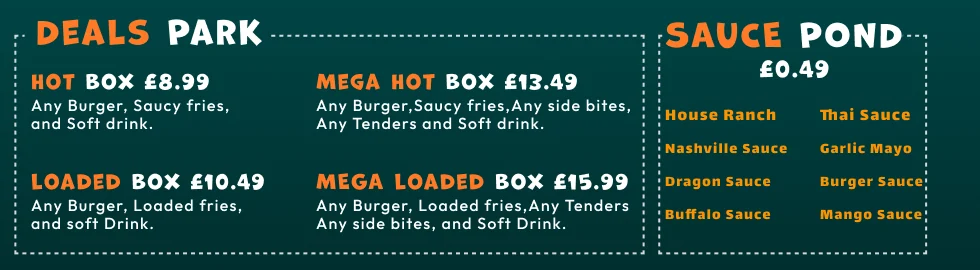 Deals Park priced item by item beside Sauce Pond carrying a single price in its header