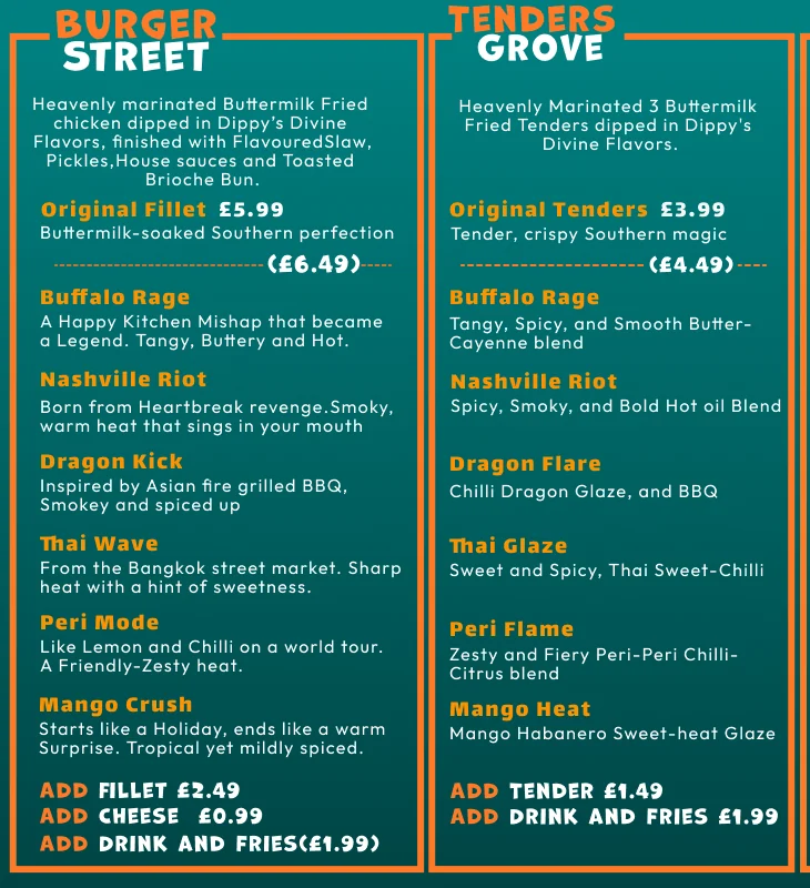 Menu detail: Burger Street and Tenders Grove enclosed in solid orange frames beside dotted-rule sections