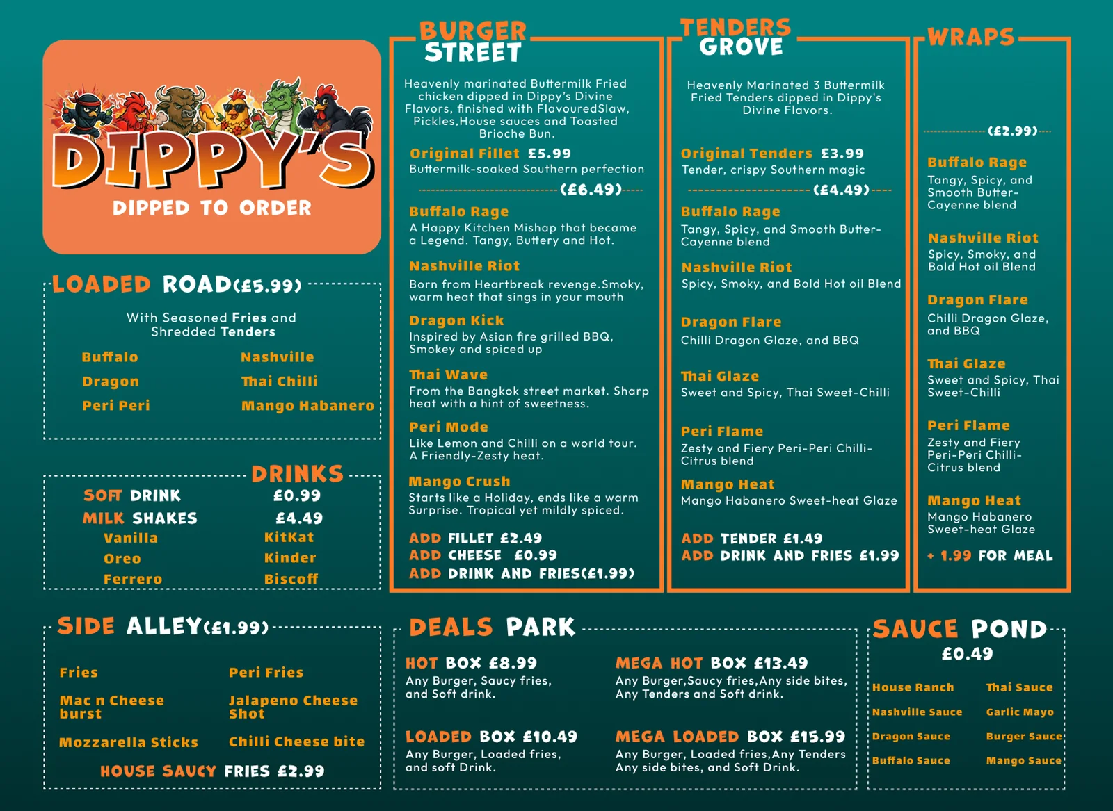 The full Dippy's menu: logo panel with six characters, Burger Street, Tenders Grove, Wraps, Loaded Road, Drinks, Side Alley, Deals Park and Sauce Pond on a teal field