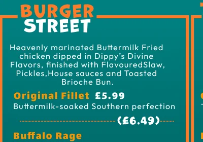 A two-tone section header: BURGER in orange above STREET in white, set lower and larger