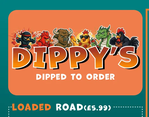 The Dippy's logo panel: orange block with the bouncing wordmark, the Dipped to Order tagline, and the six characters standing along the top edge