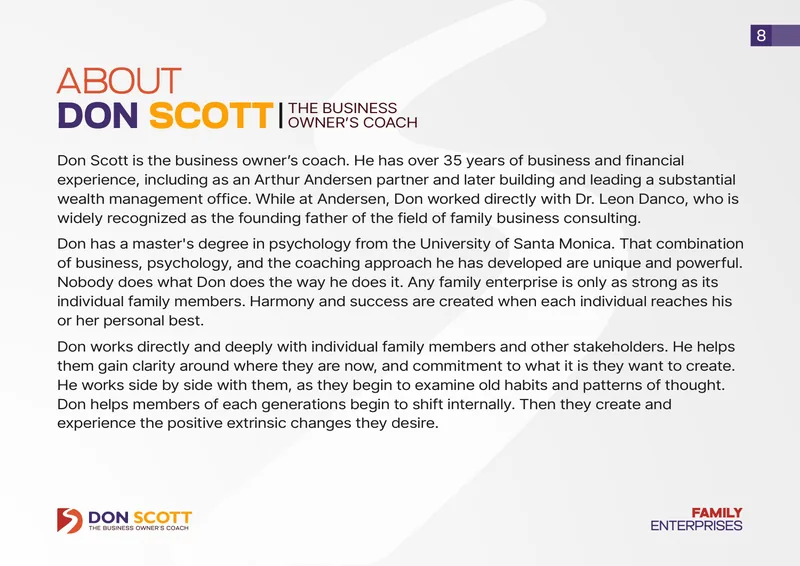 Brochure spread, About Don Scott: thirty-five years in business and finance, a master's in psychology