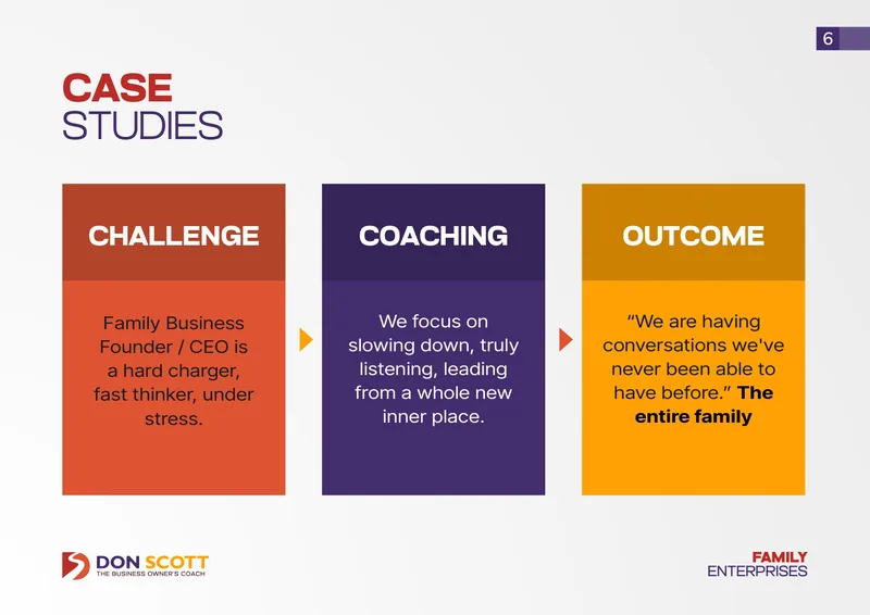 Brochure spread, Case Studies: challenge, coaching and outcome in three colour blocks