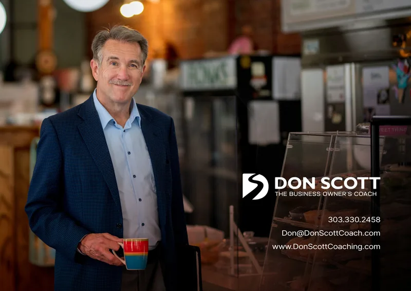 Brochure back cover: Don Scott photographed in a cafe, with contact details