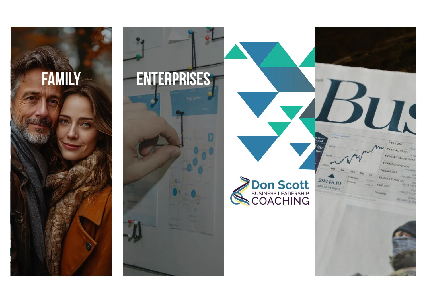 The original Family Enterprise brochure cover: blue and teal geometric shapes and the line Business Leadership Coaching