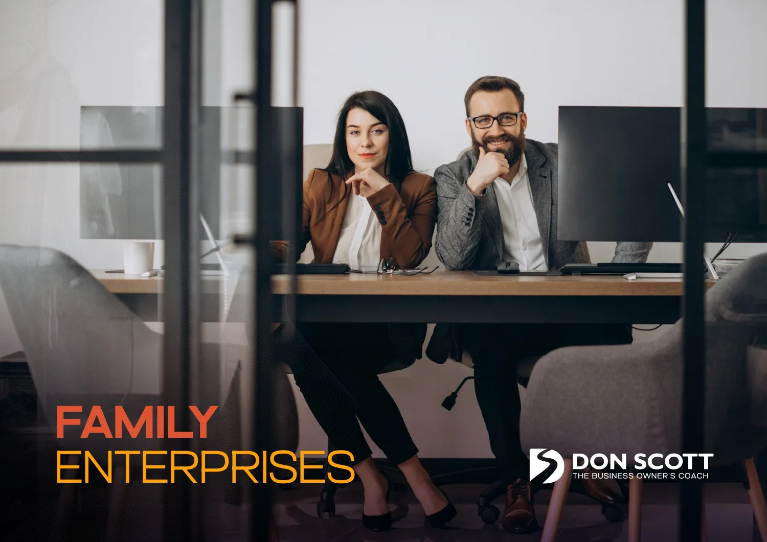 The rebranded Family Enterprises brochure cover: a photograph of two people at a desk, the title in orange and yellow, and the Don Scott mark