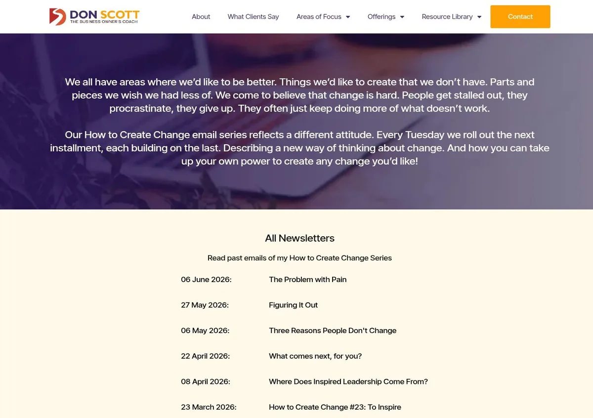 The How to Create Change newsletter archive on Don's website, with an introduction and a dated list of issues