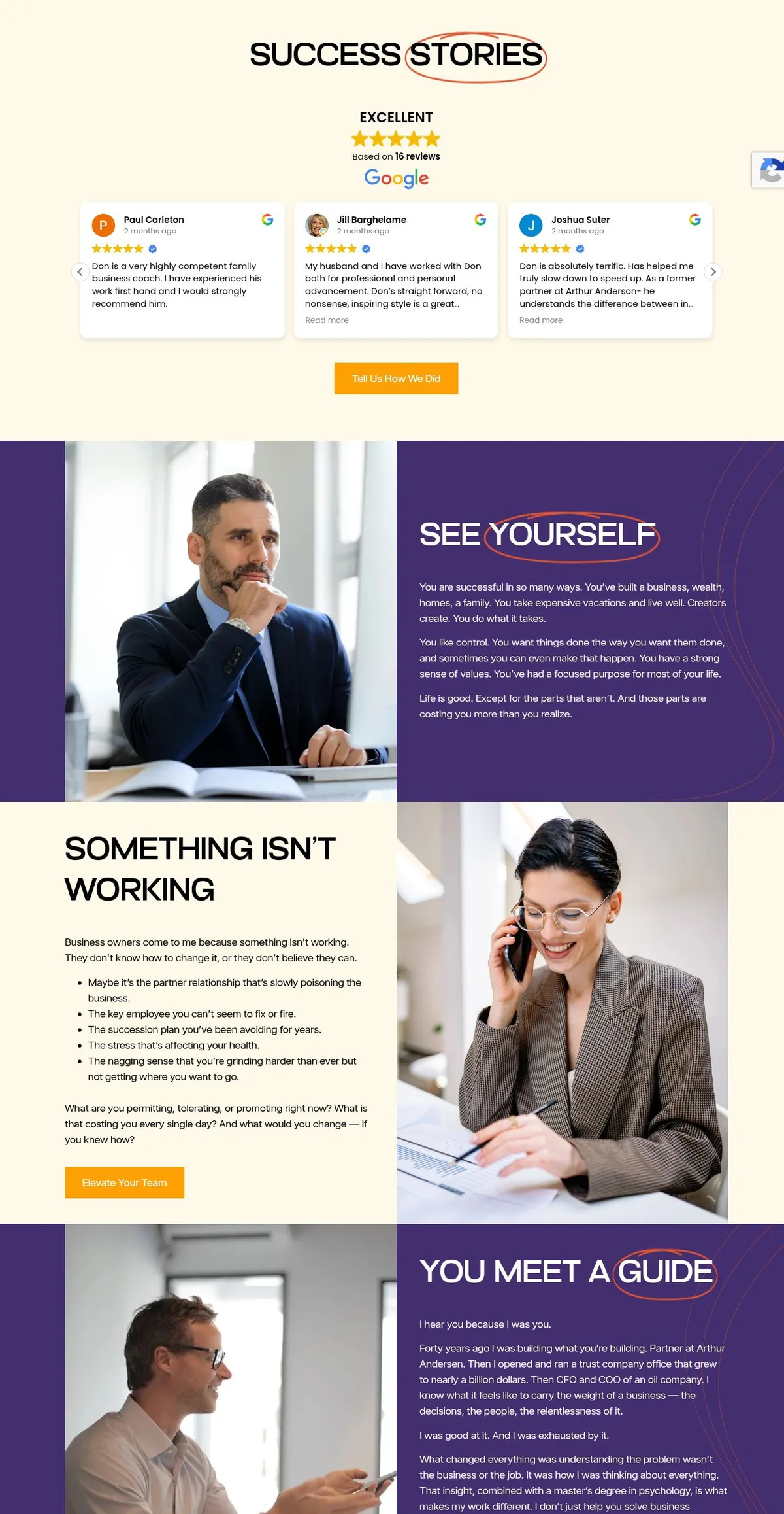 Selected sections of the redesigned website: Success Stories with Google reviews, See Yourself, Something Isn't Working, You Meet a Guide