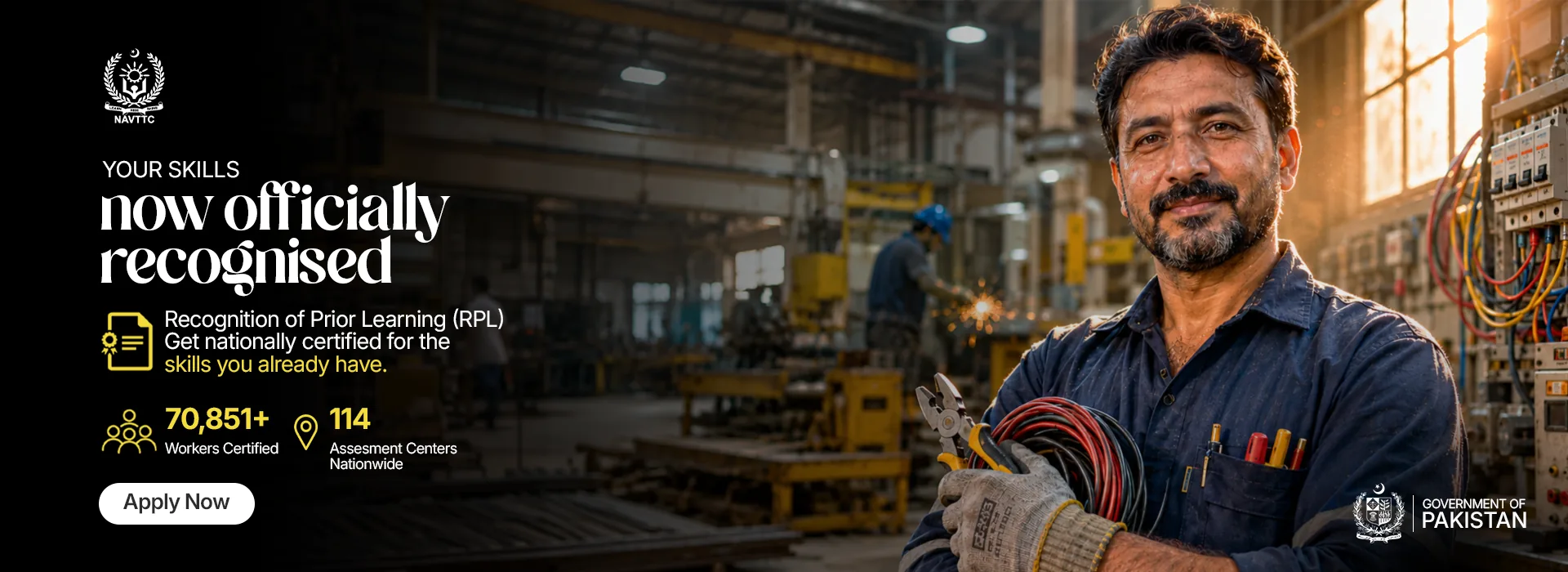 Campaign banner: Your skills, now officially recognised. Recognition of Prior Learning, get nationally certified for the skills you already have, Apply Now