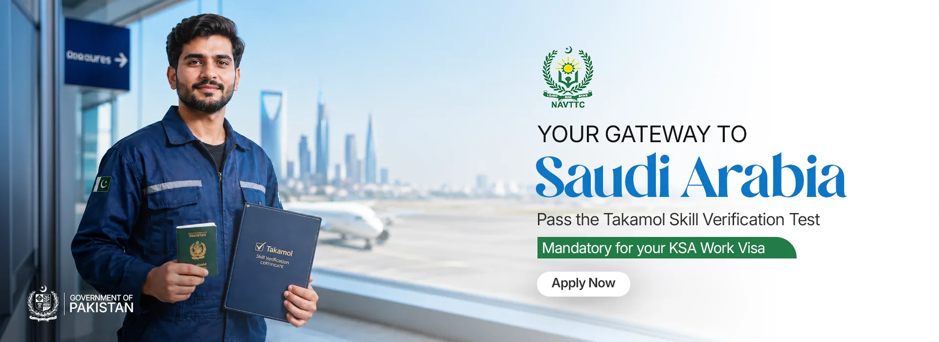 Campaign banner: Your gateway to Saudi Arabia. Pass the Takamol Skill Verification Test, mandatory for your KSA work visa, Apply Now