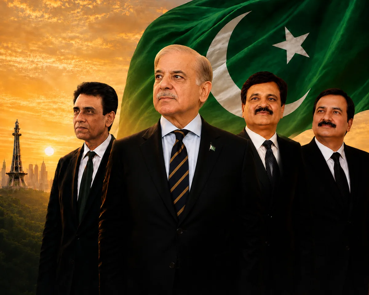 Prime Minister Shehbaz Sharif with three officials before the Pakistan flag at sunset: the NAVTTC leadership artwork