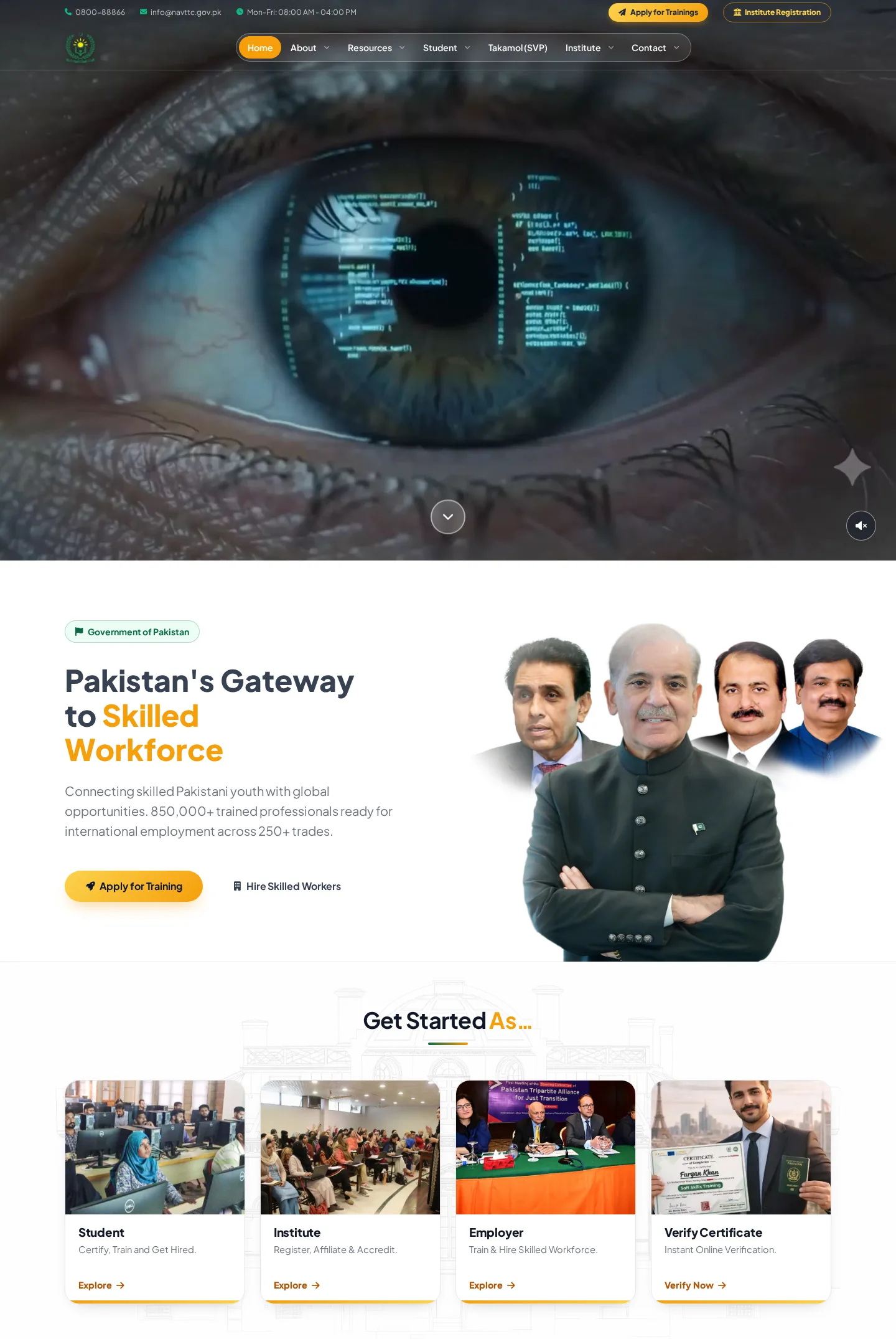 The live NAVTTC homepage on desktop: a full-width film hero under the navigation, the Pakistan's Gateway to Skilled Workforce section with Apply for Training and Hire Skilled Workers buttons, and the four Get Started As cards