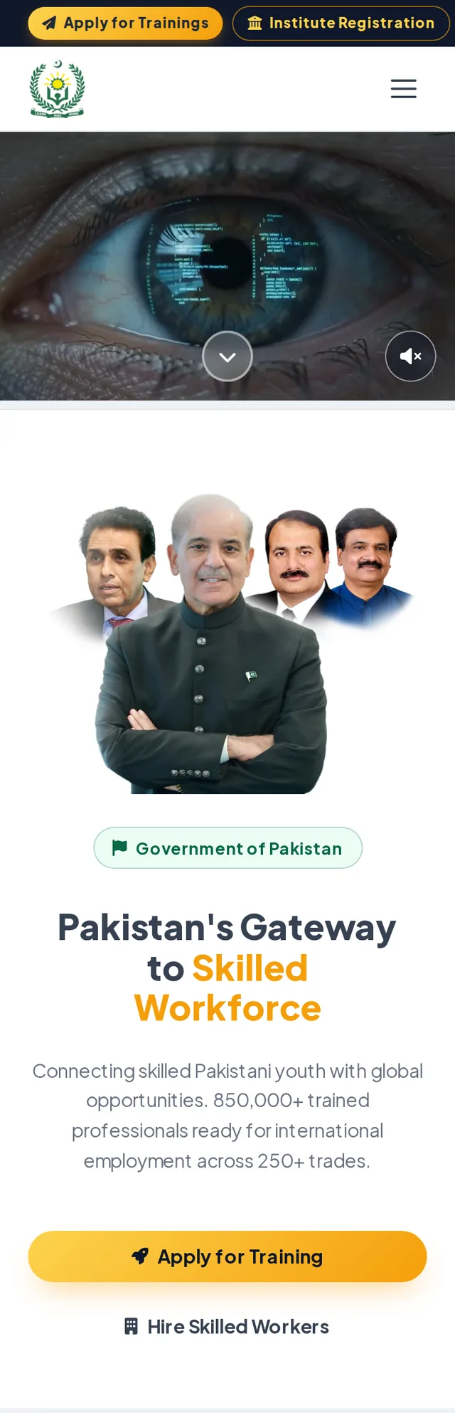 Live NAVTTC homepage on a phone: pinned Apply for Trainings and Institute Registration actions, the film hero, and the Gateway section with the Apply for Training button