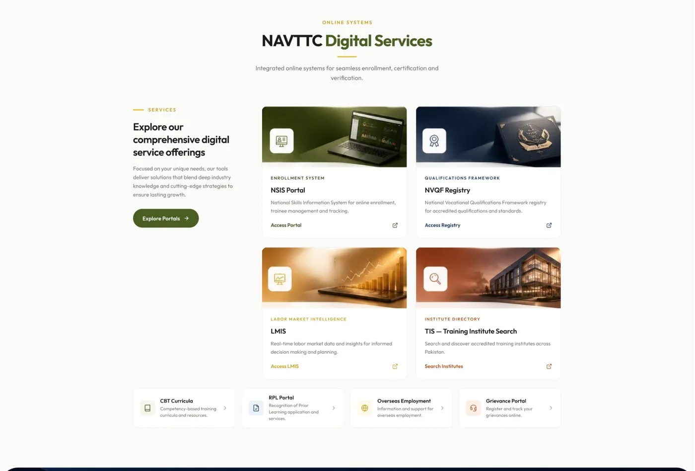 Design frame: NAVTTC Digital Services, a grid of portal cards for NSIS Portal, NVQF Registry, LMIS and TIS Training Institute Search, with a row of secondary links