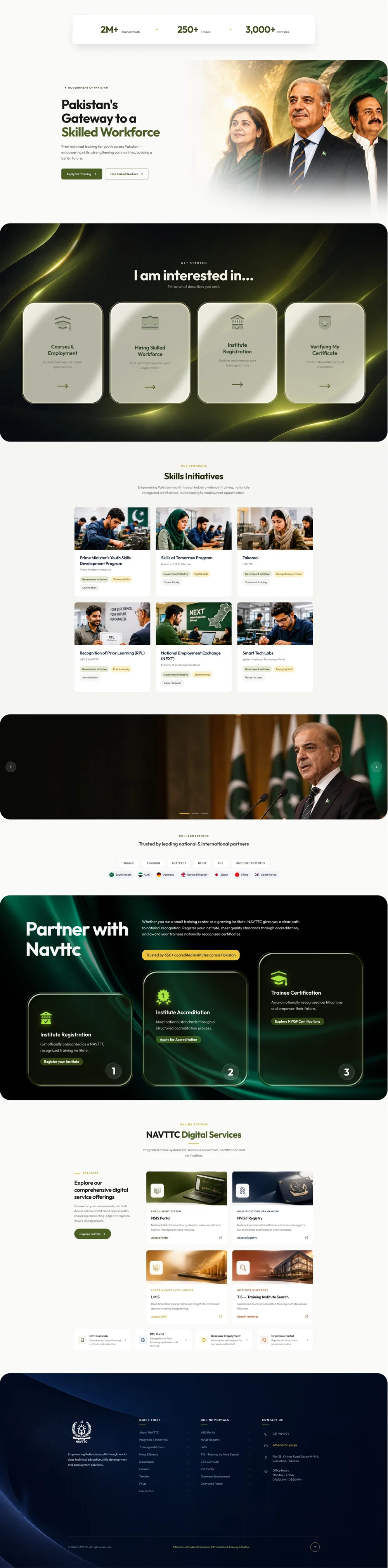 Full-length design frame of the NAVTTC homepage reference build, from the statistics strip to the footer