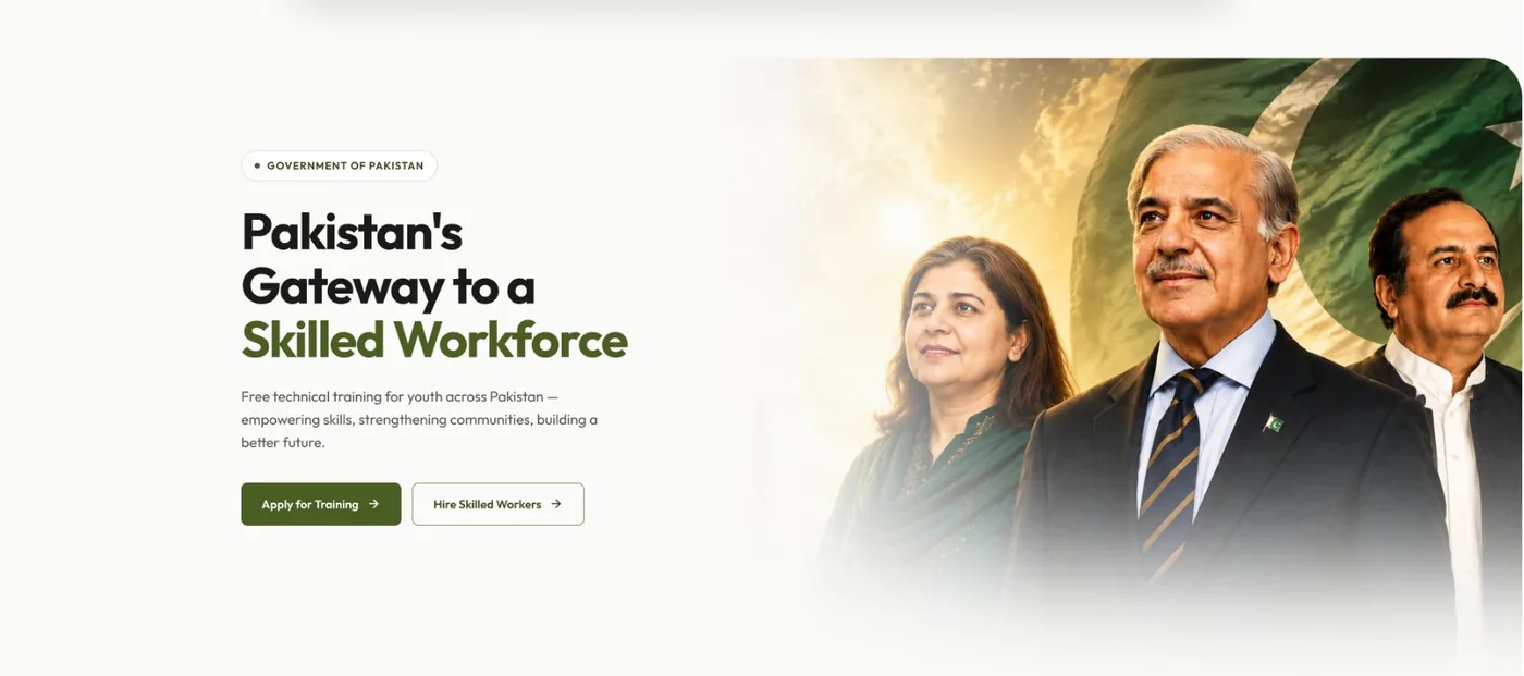 Design frame: Pakistan's Gateway to a Skilled Workforce, a one-sentence mission with Apply for Training and Hire Skilled Workers buttons beside a leadership image