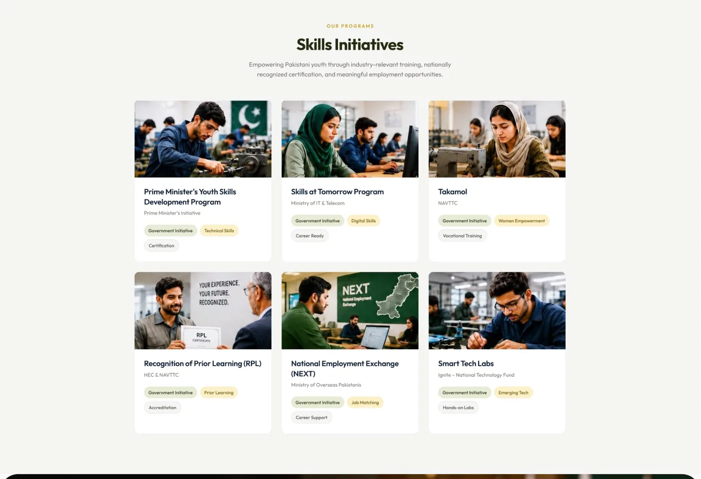 Design frame: a grid of six programme cards with photography, category tags and titles including Prime Minister's Youth Skills Development Program, Takamol and Recognition of Prior Learning